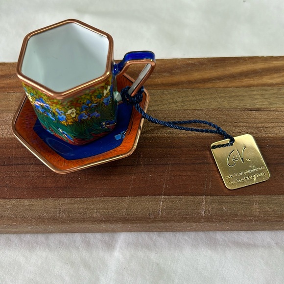 iris tea cup saucer hand painted enamel gold metal hang tag numbered edition - Picture 4 of 16